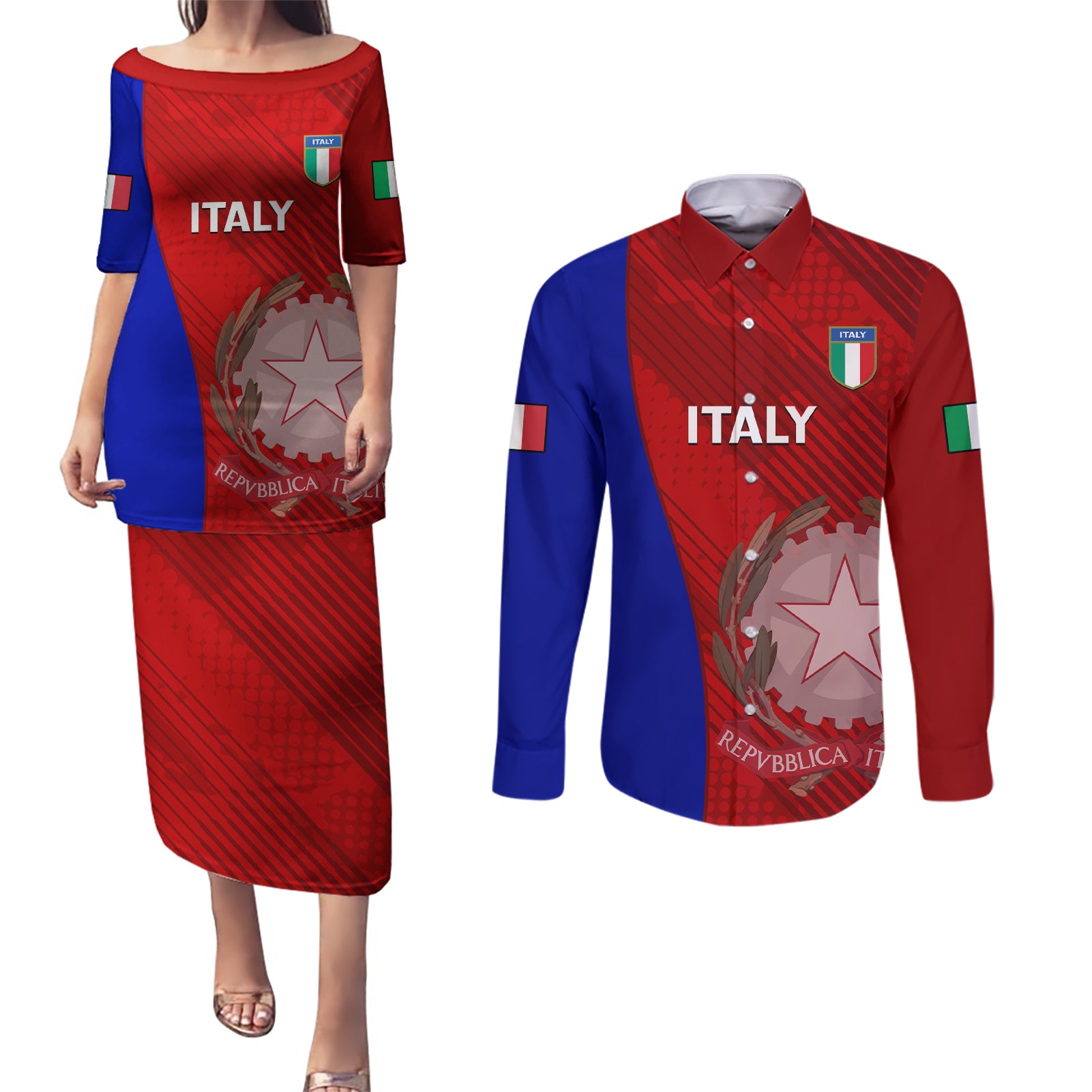 Italy Rugby Couples Matching Puletasi Dress and Long Sleeve Button Shirts 2023 The Blues Grunge Style - Wonder Print Shop