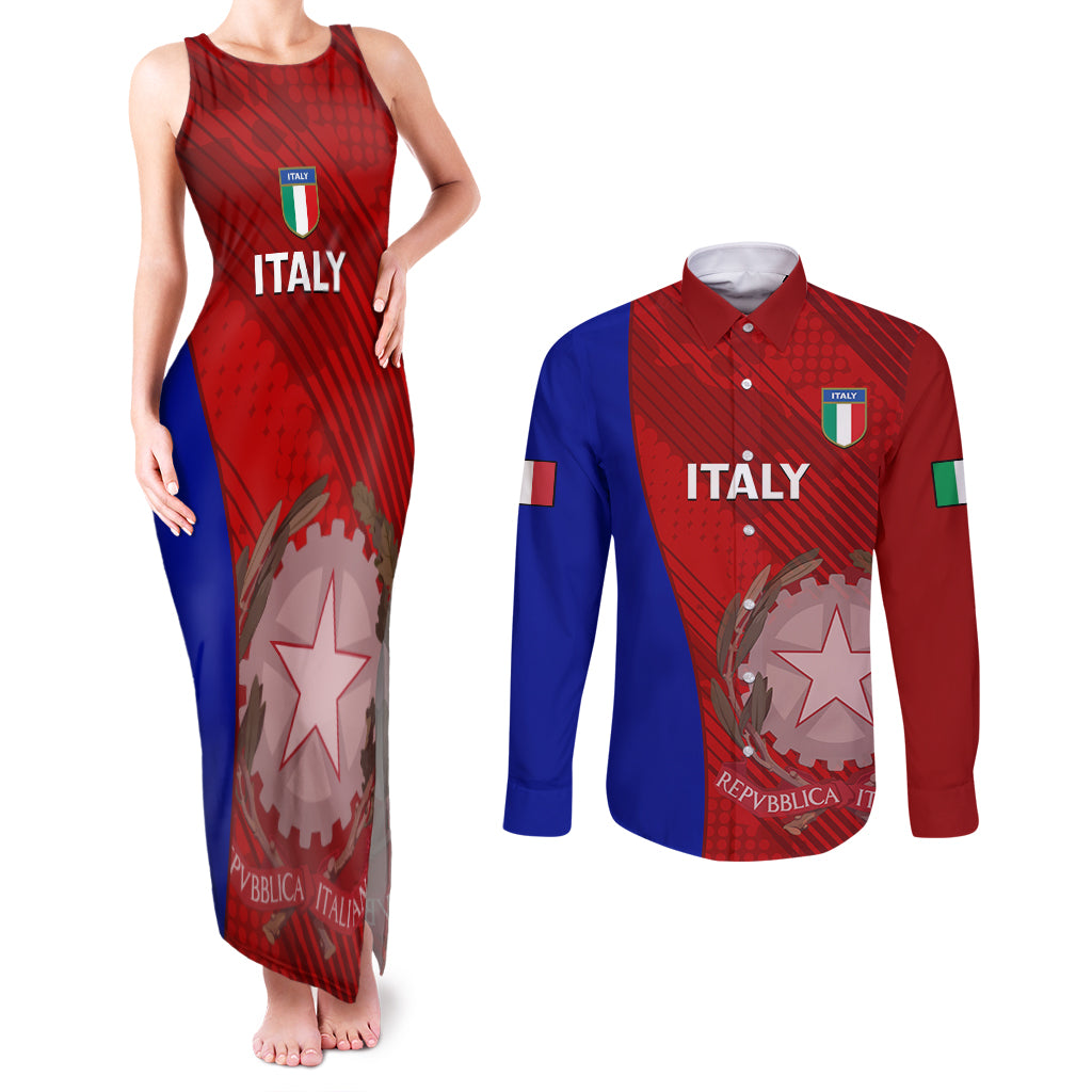 Italy Rugby Couples Matching Tank Maxi Dress and Long Sleeve Button Shirts 2023 The Blues Grunge Style - Wonder Print Shop