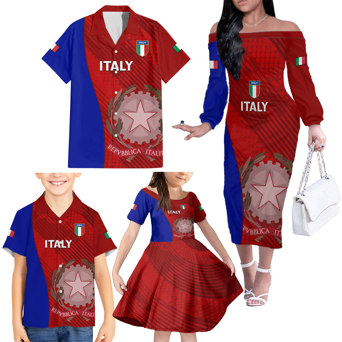 Italy Rugby Family Matching Off Shoulder Long Sleeve Dress and Hawaiian Shirt 2023 The Blues Grunge Style - Wonder Print Shop