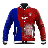Ribbed varsity rugby jacket with red and blue panels, snap front, Italy crest graphic