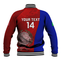 Ribbed varsity rugby jacket back in red and blue with star crest, number 14, custom text