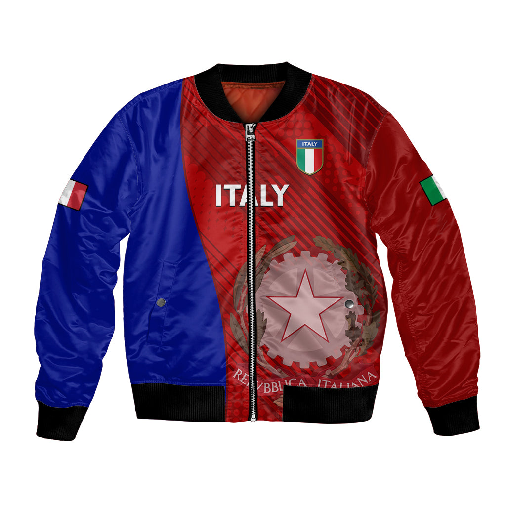 Bicolor blue and red zip-up bomber jacket with Italy crest and grunge graphic, ribbed cuffs