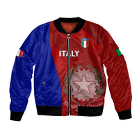 Bicolor blue and red zip-up bomber jacket with Italy crest and grunge graphic, ribbed cuffs