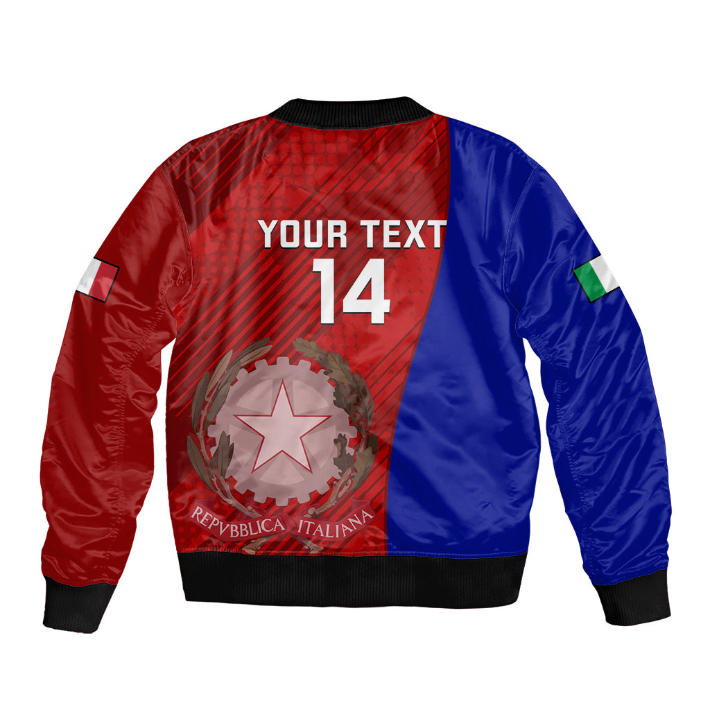 Bicolor blue and red bomber jacket back with YOUR TEXT 14 print and grunge emblem