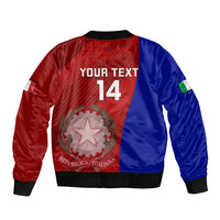 Bicolor blue and red bomber jacket back with YOUR TEXT 14 print and grunge emblem