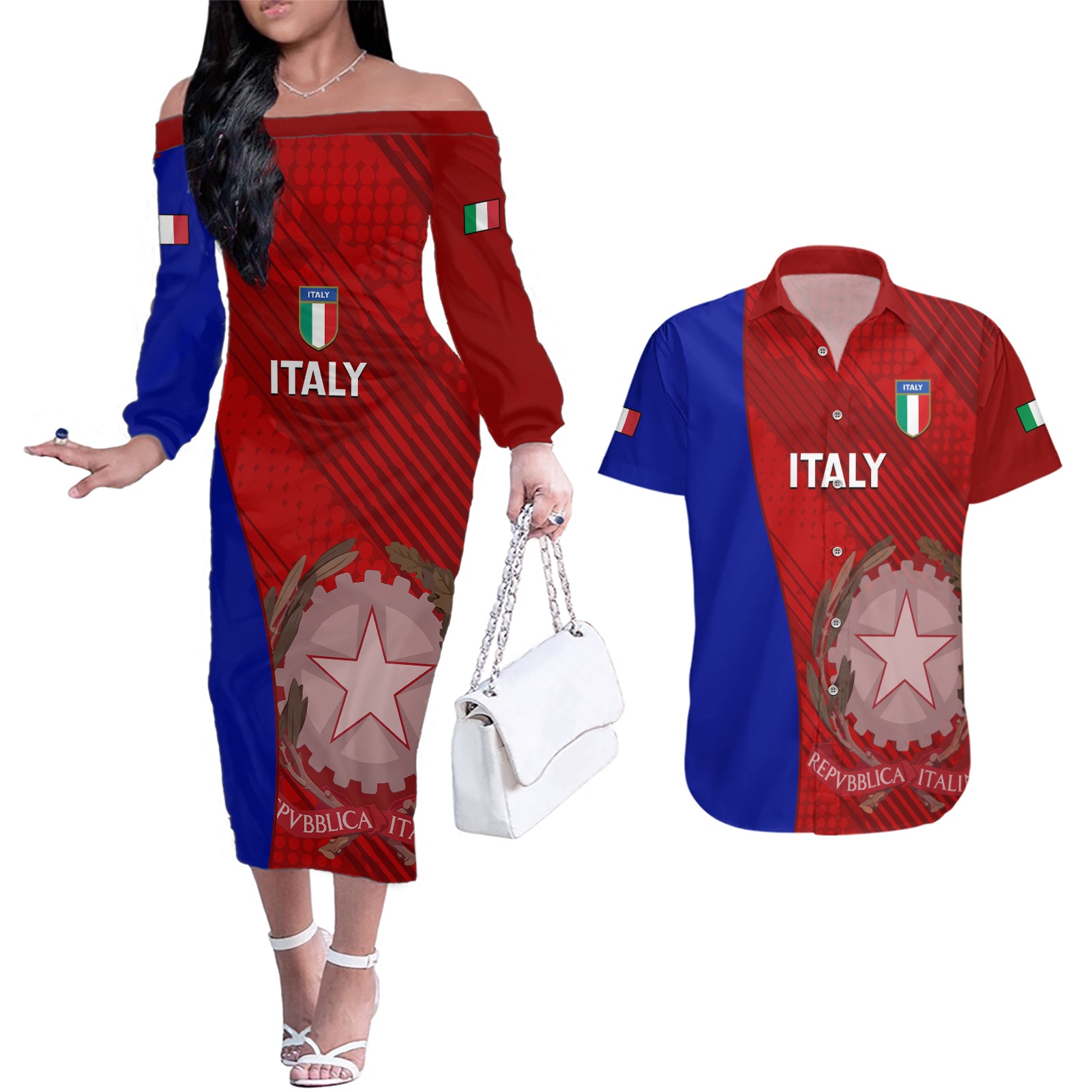 Custom Italy Rugby Couples Matching Off The Shoulder Long Sleeve Dress and Hawaiian Shirt 2023 The Blues Grunge Style - Wonder Print Shop