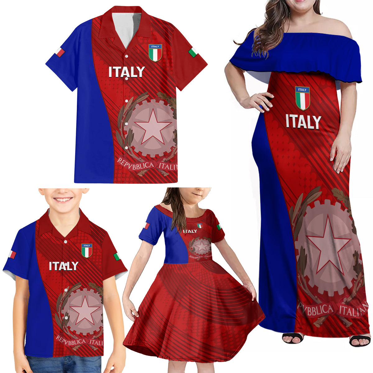 Custom Italy Rugby Family Matching Off Shoulder Maxi Dress and Hawaiian Shirt 2023 The Blues Grunge Style - Wonder Print Shop