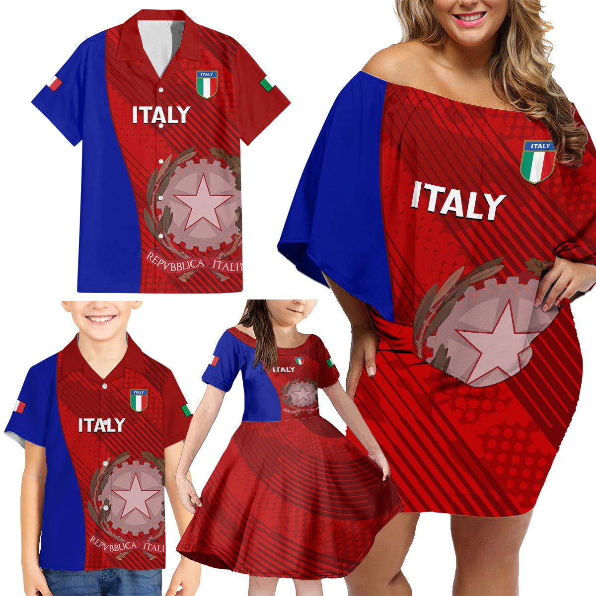 Custom Italy Rugby Family Matching Off Shoulder Short Dress and Hawaiian Shirt 2023 The Blues Grunge Style - Wonder Print Shop