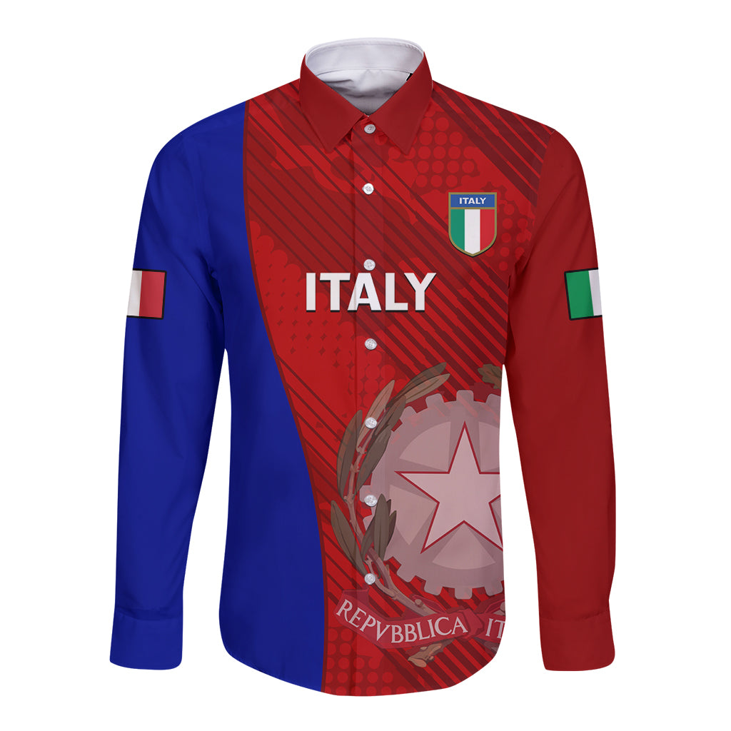 Italy rugby long sleeve button shirt with blue and red grunge panel, crest and star