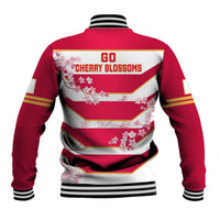 Red varsity-style baseball jacket with cherry blossom graphic, GO CHERRY BLOSSOMS text, back