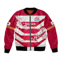 Red satin bomber jacket with front zip and cherry blossom stripe graphic