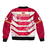 Red satin bomber jacket, back view with GO cherry blossoms text and floral stripes