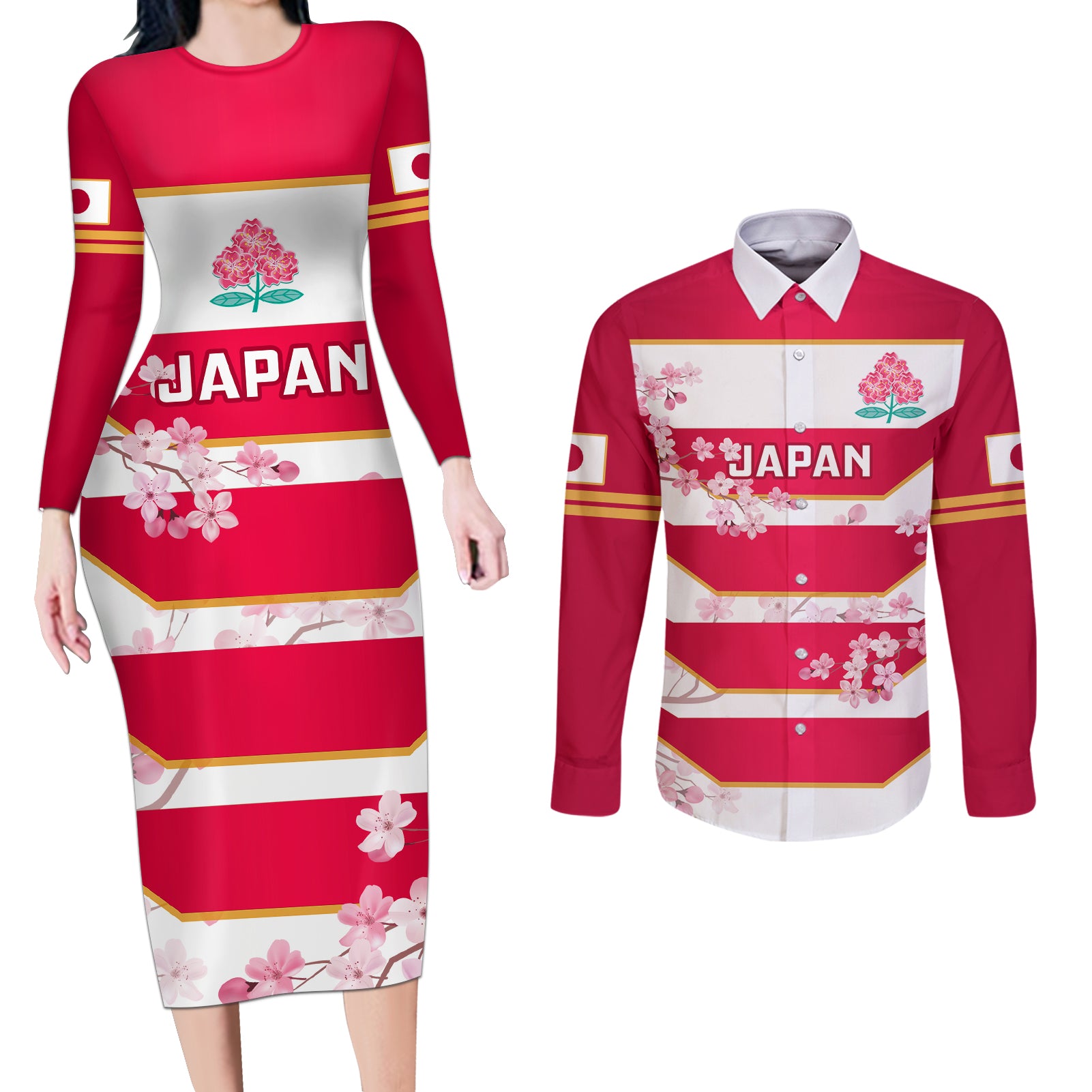 Japan Rugby Couples Matching Long Sleeve Bodycon Dress and Long Sleeve Button Shirts 2023 Go Cherry Blossoms World Cup - Wonder Print Shop