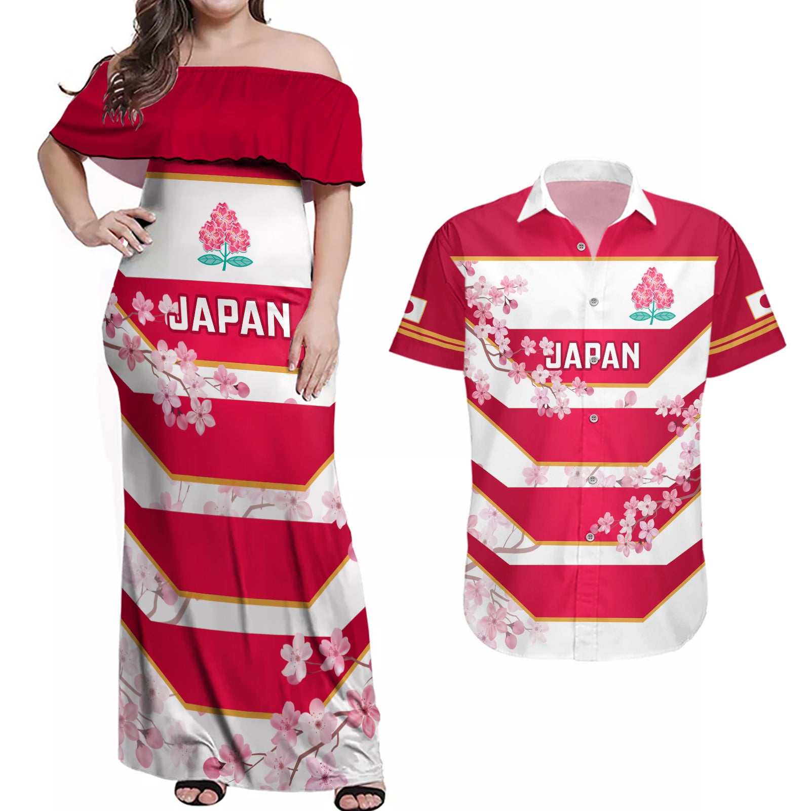 Japan Rugby Couples Matching Off Shoulder Maxi Dress and Hawaiian Shirt 2023 Go Cherry Blossoms World Cup - Wonder Print Shop