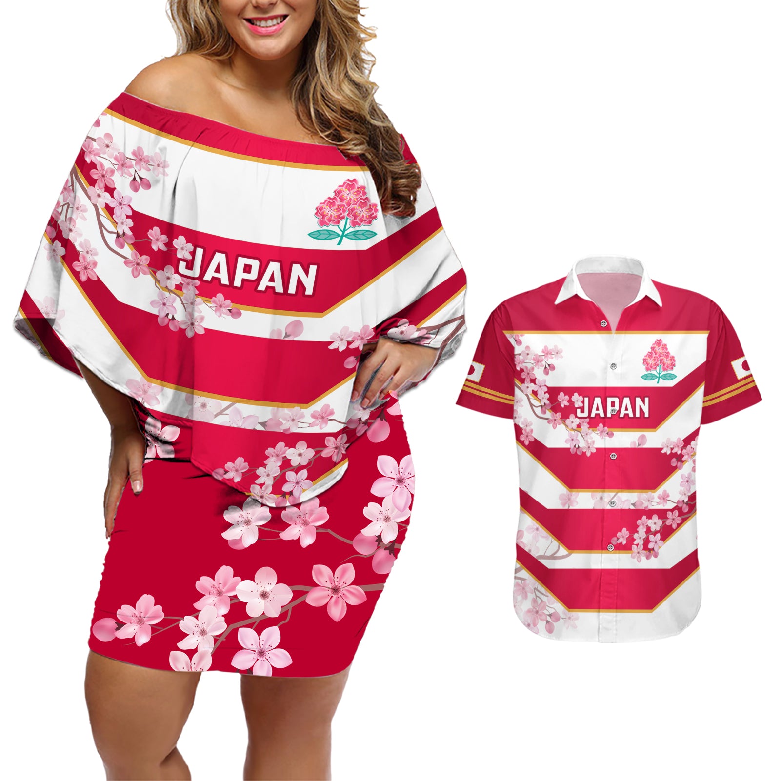 Japan Rugby Couples Matching Off Shoulder Short Dress and Hawaiian Shirt 2023 Go Cherry Blossoms World Cup - Wonder Print Shop