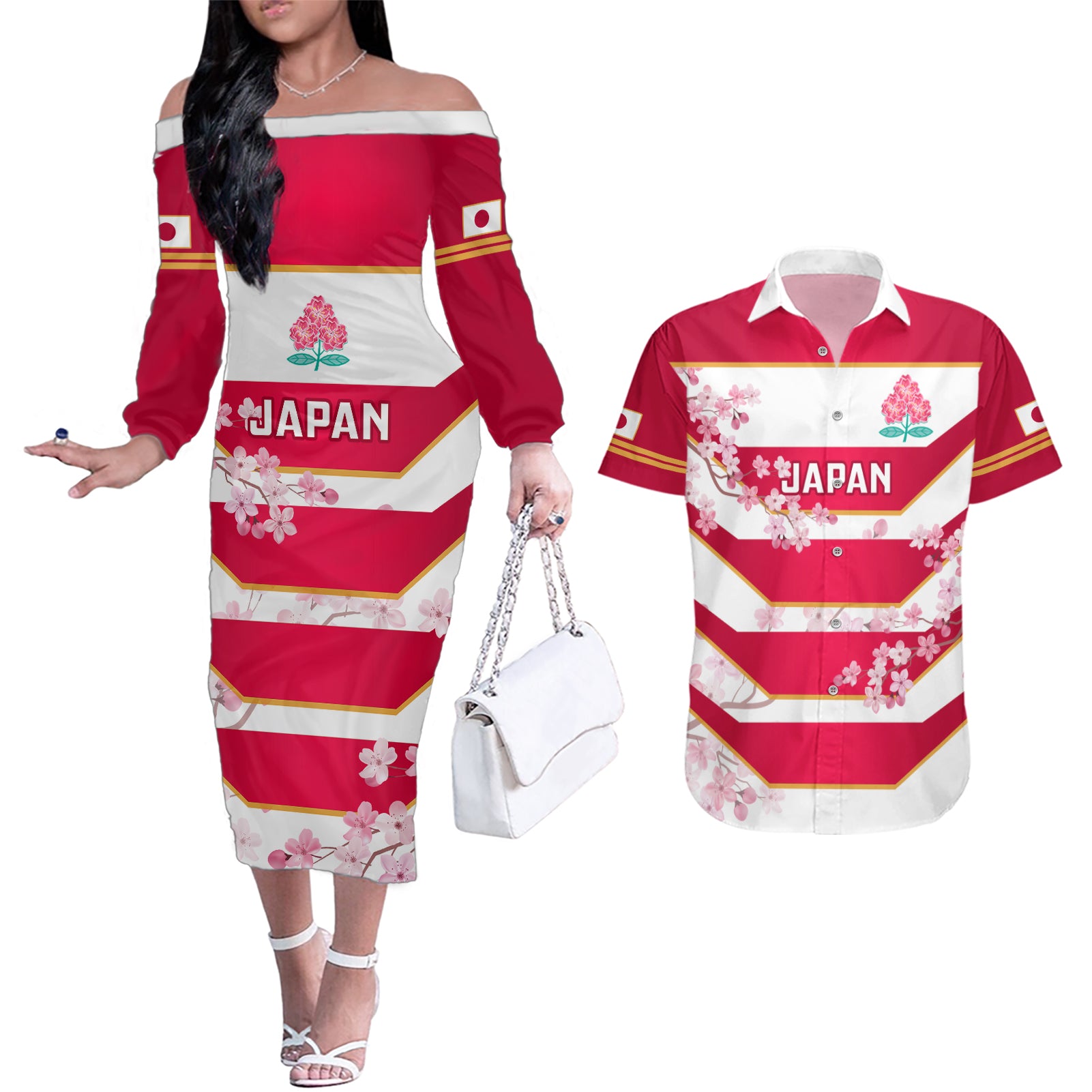 Japan Rugby Couples Matching Off The Shoulder Long Sleeve Dress and Hawaiian Shirt 2023 Go Cherry Blossoms World Cup - Wonder Print Shop