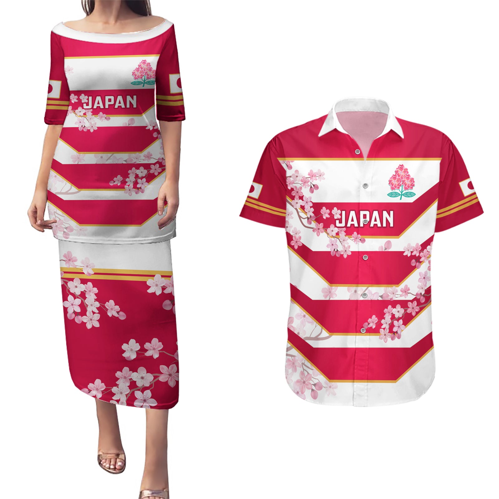 Japan Rugby Couples Matching Puletasi Dress and Hawaiian Shirt 2023 Go Cherry Blossoms World Cup - Wonder Print Shop