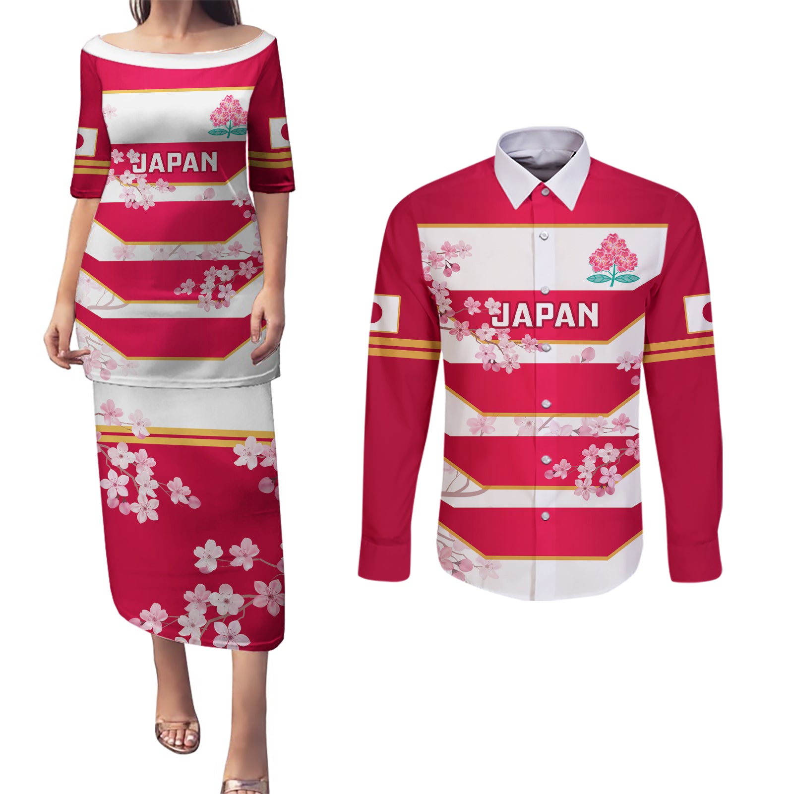 Japan Rugby Couples Matching Puletasi Dress and Long Sleeve Button Shirts 2023 Go Cherry Blossoms World Cup - Wonder Print Shop