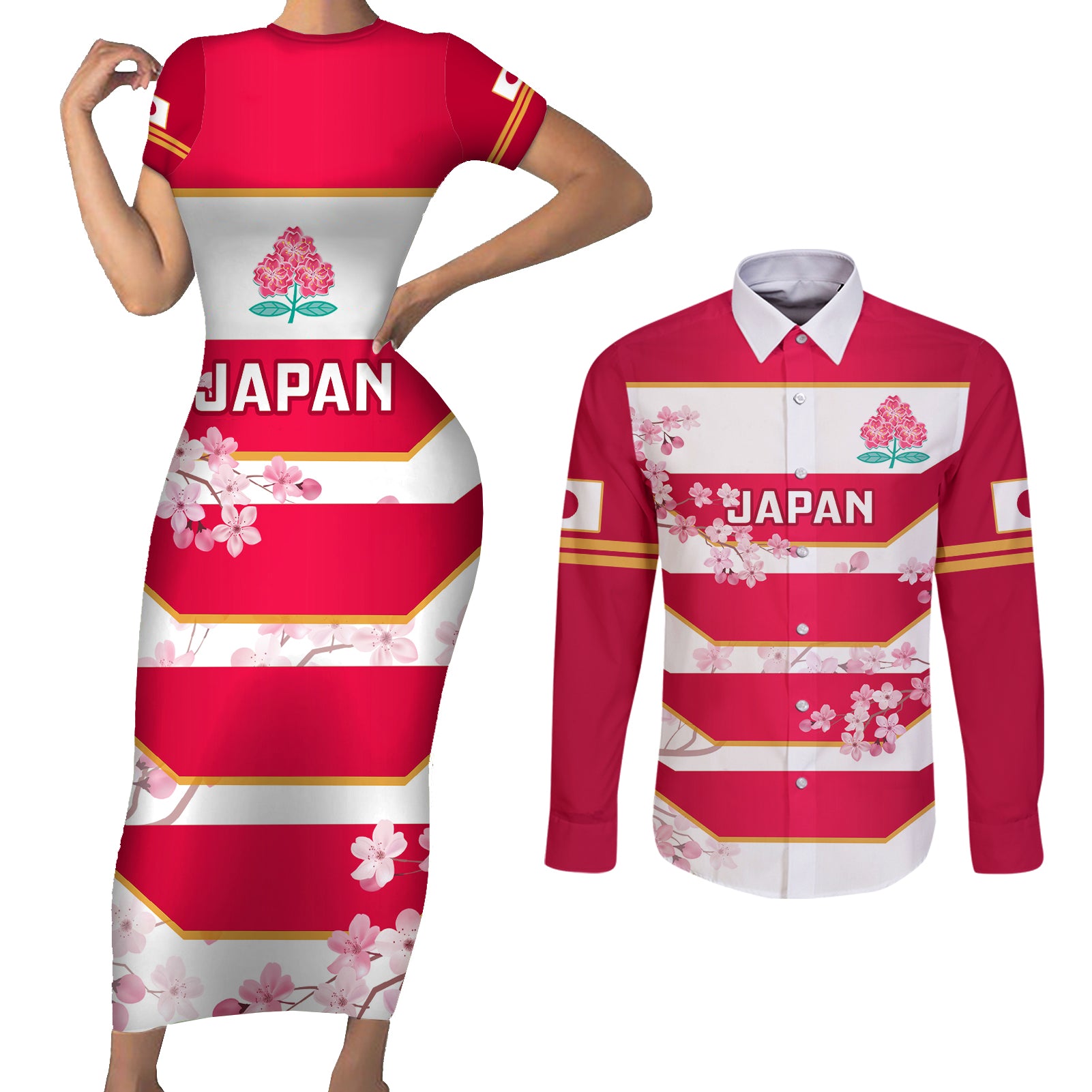 Japan Rugby Couples Matching Short Sleeve Bodycon Dress and Long Sleeve Button Shirts 2023 Go Cherry Blossoms World Cup - Wonder Print Shop