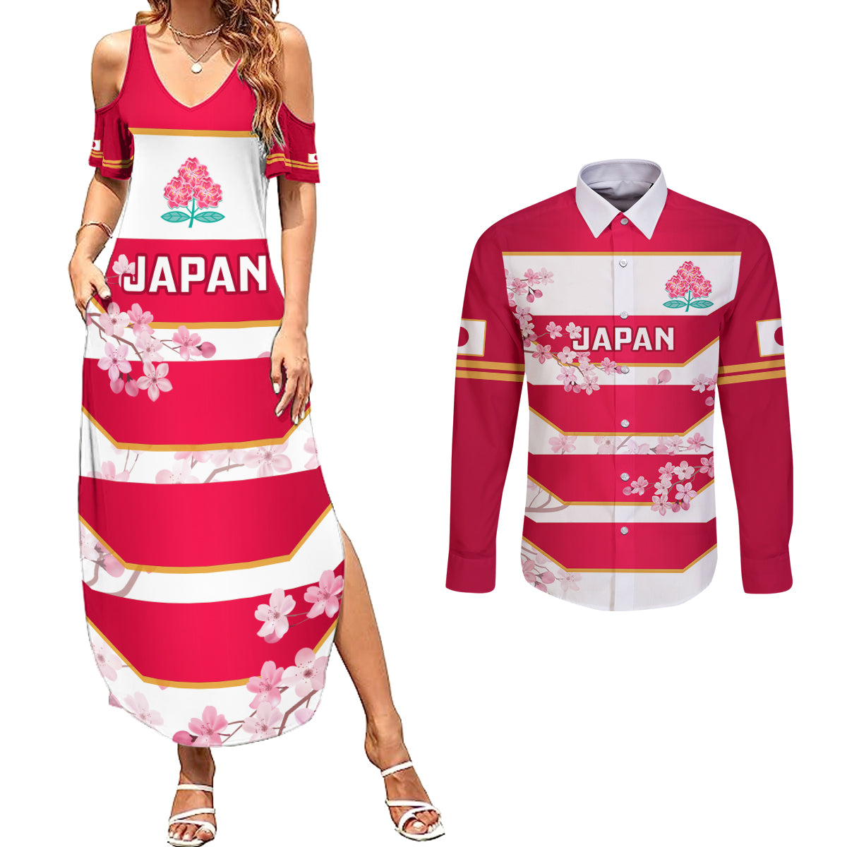 Japan Rugby Couples Matching Summer Maxi Dress and Long Sleeve Button Shirts 2023 Go Cherry Blossoms World Cup - Wonder Print Shop