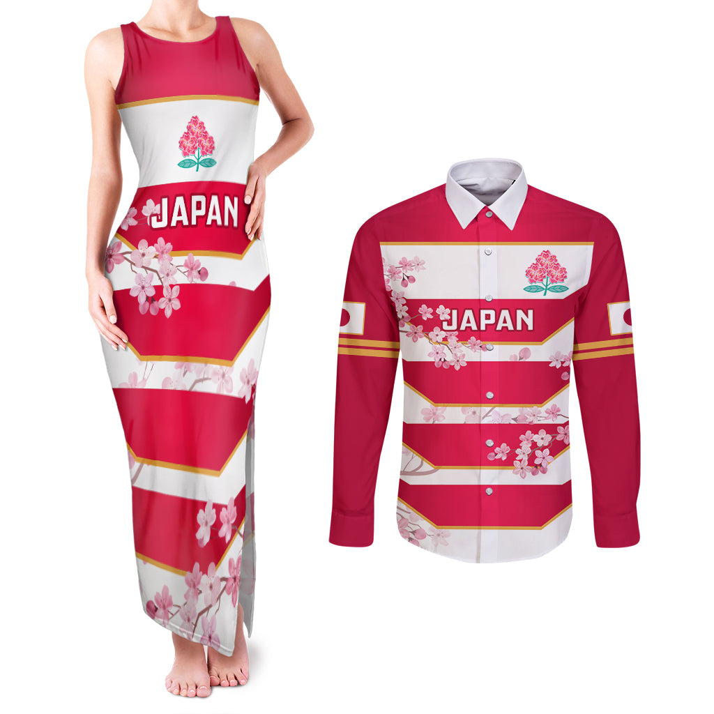 Japan Rugby Couples Matching Tank Maxi Dress and Long Sleeve Button Shirts 2023 Go Cherry Blossoms World Cup - Wonder Print Shop