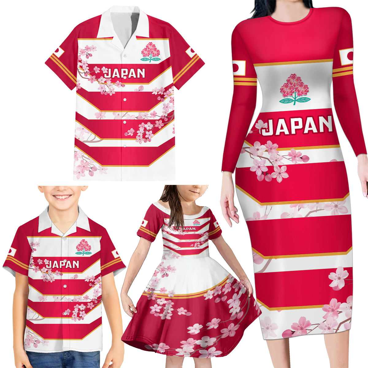 Japan Rugby Family Matching Long Sleeve Bodycon Dress and Hawaiian Shirt 2023 Go Cherry Blossoms World Cup - Wonder Print Shop