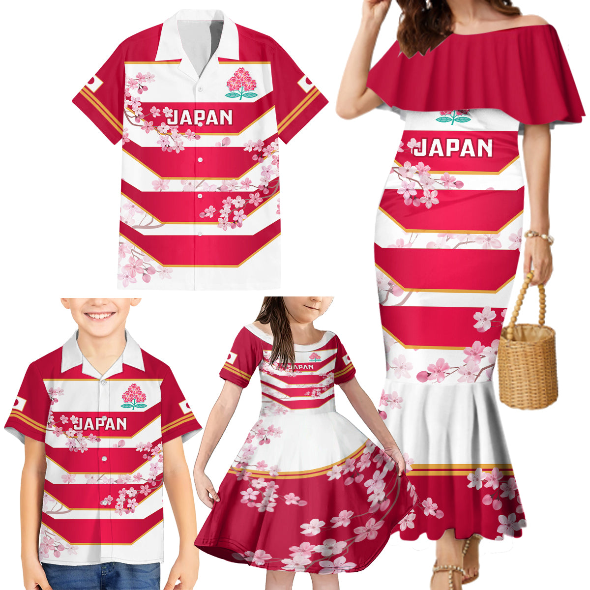 Japan Rugby Family Matching Mermaid Dress and Hawaiian Shirt 2023 Go Cherry Blossoms World Cup - Wonder Print Shop