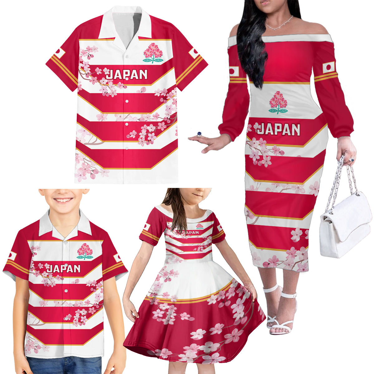 Japan Rugby Family Matching Off Shoulder Long Sleeve Dress and Hawaiian Shirt 2023 Go Cherry Blossoms World Cup - Wonder Print Shop