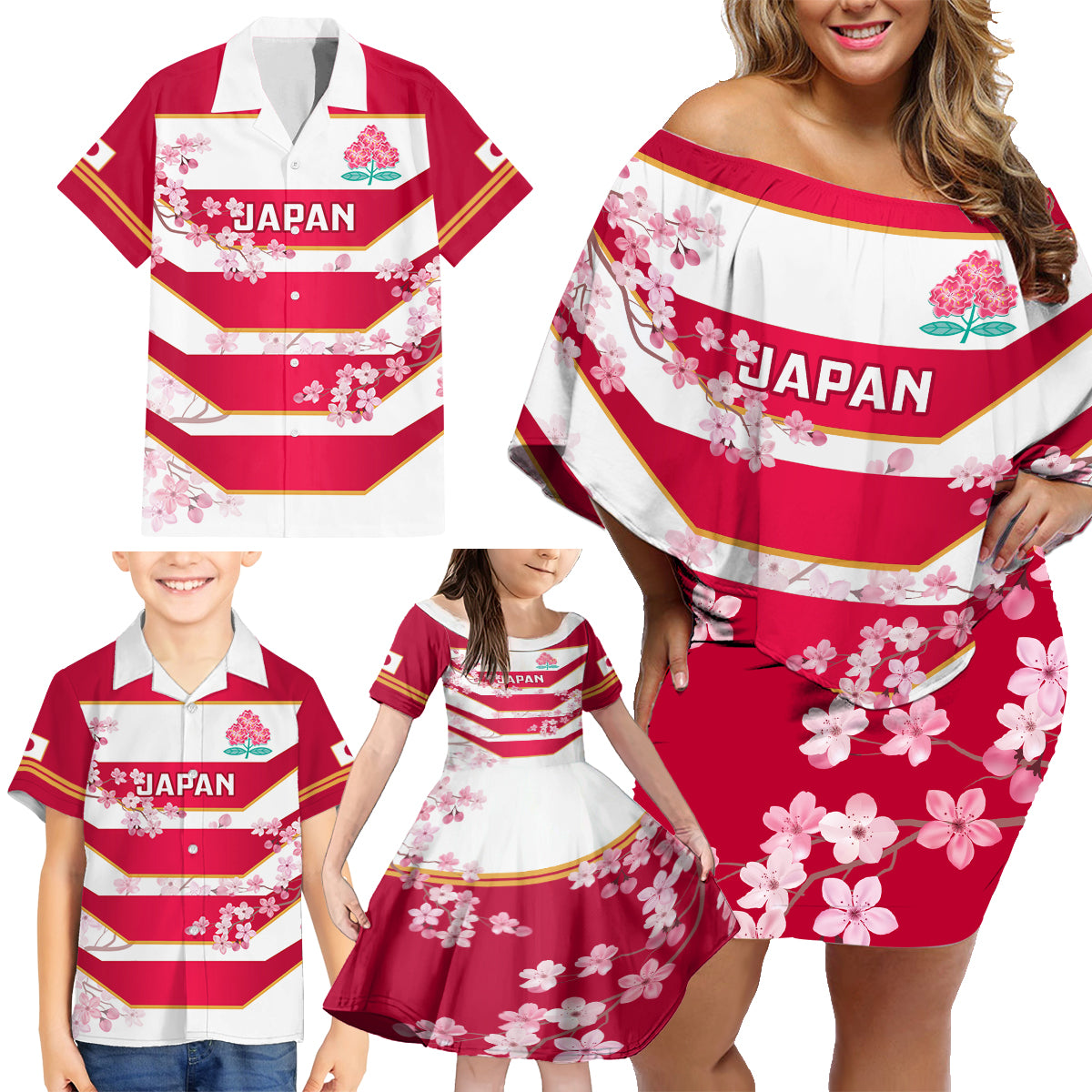 Japan Rugby Family Matching Off Shoulder Short Dress and Hawaiian Shirt 2023 Go Cherry Blossoms World Cup - Wonder Print Shop