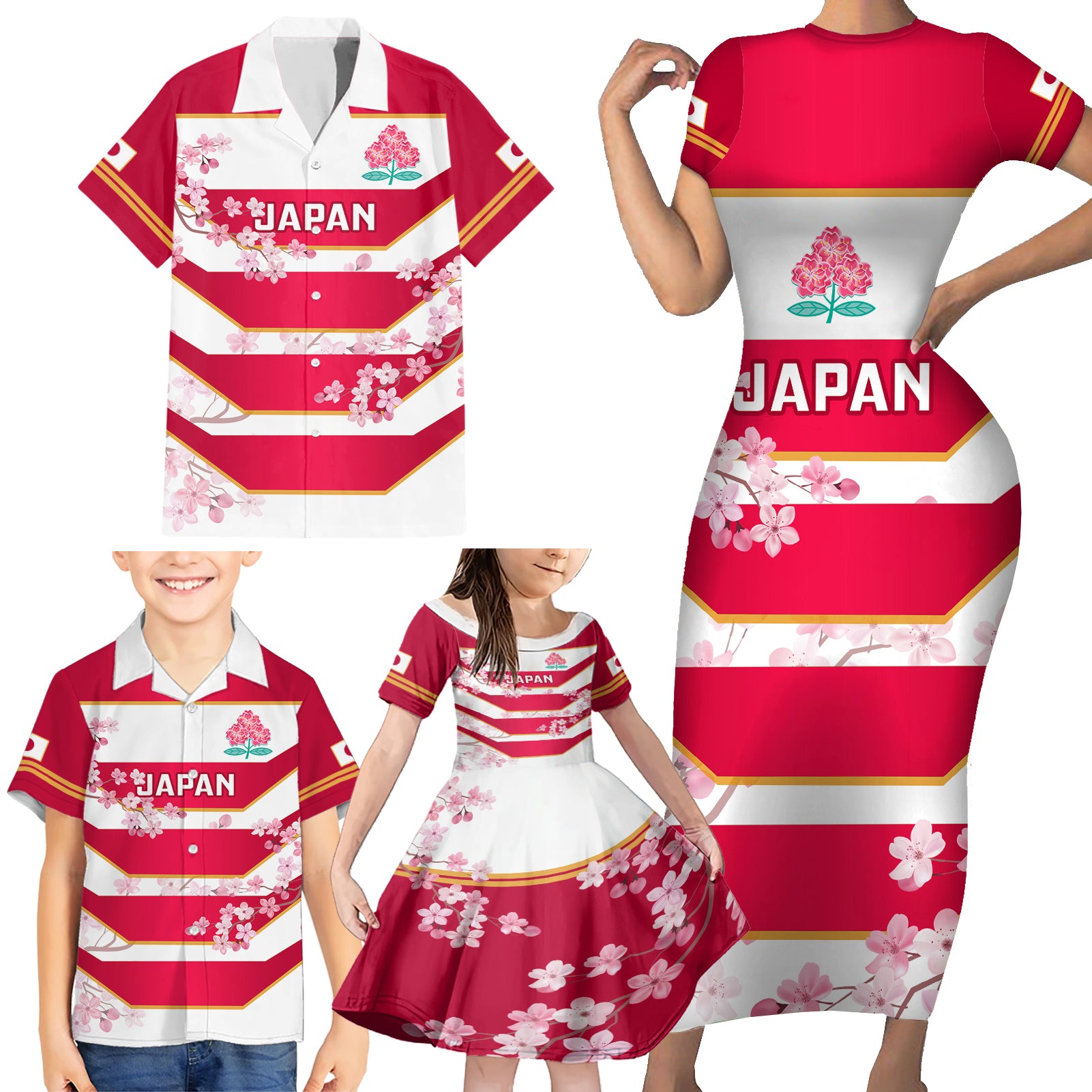 Japan Rugby Family Matching Short Sleeve Bodycon Dress and Hawaiian Shirt 2023 Go Cherry Blossoms World Cup - Wonder Print Shop