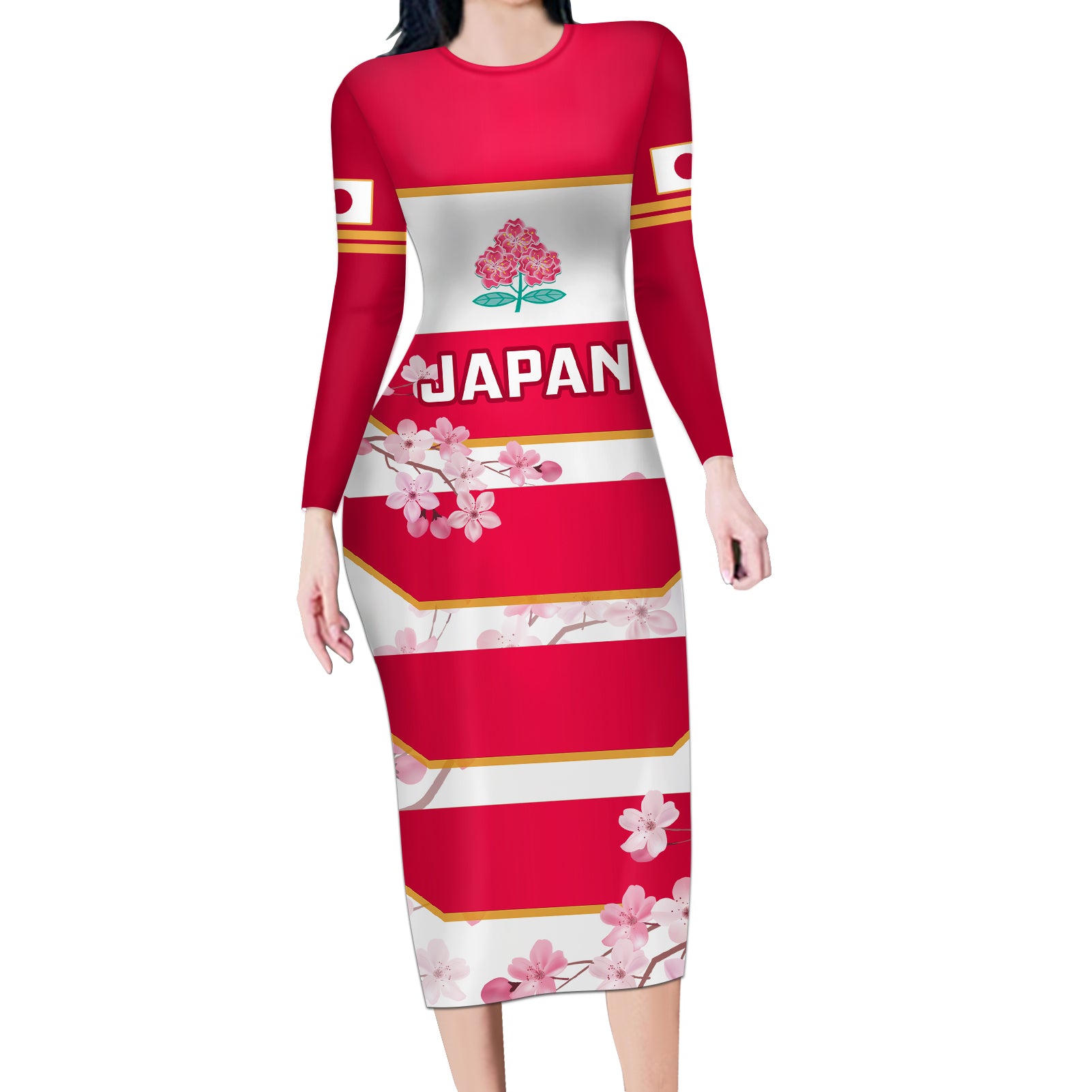 Japan Rugby Long Sleeve Bodycon Dress 2023 Go Cherry Blossoms World Cup - Wonder Print Shop