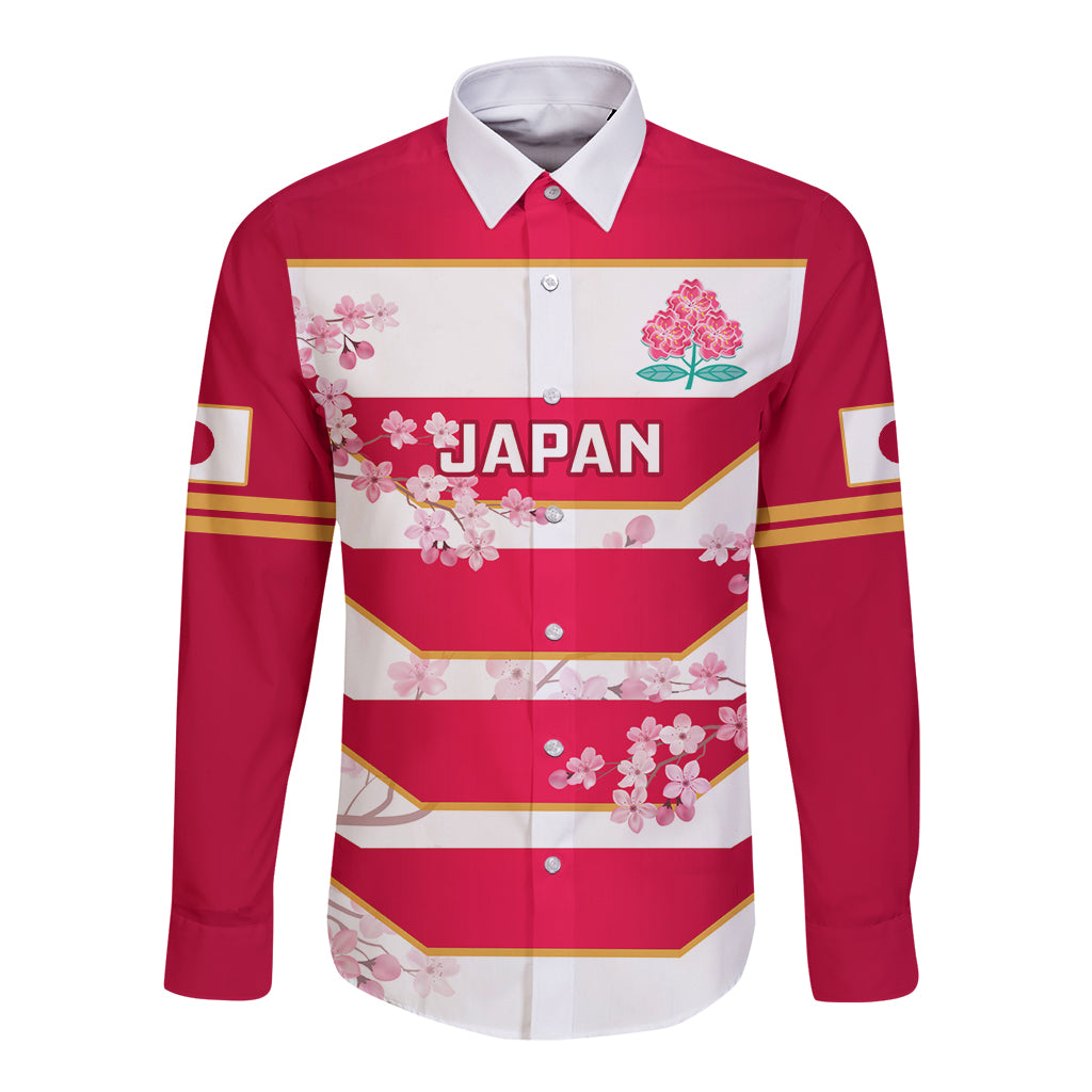 Red long-sleeve rugby button shirt with cherry blossom graphics and 'JAPAN' front