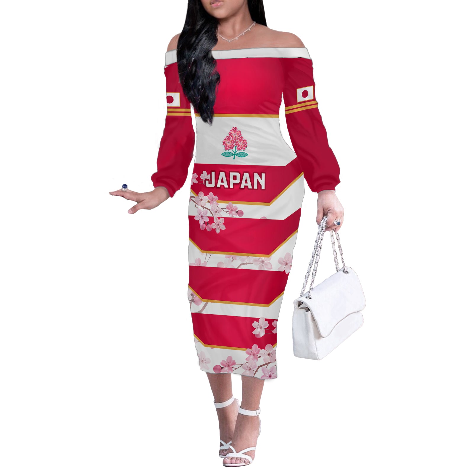 Japan Rugby Off The Shoulder Long Sleeve Dress 2023 Go Cherry Blossoms World Cup - Wonder Print Shop