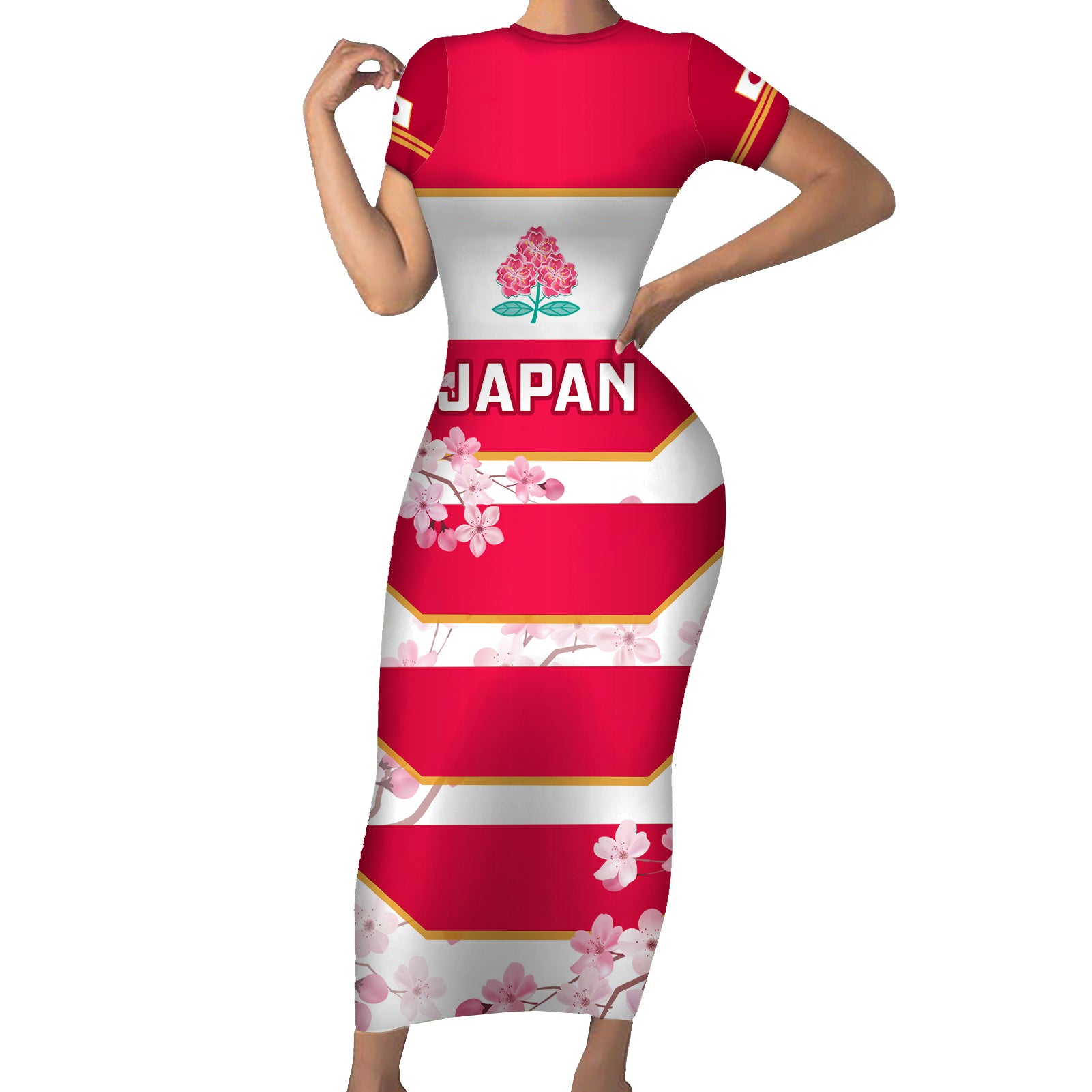 Japan Rugby Short Sleeve Bodycon Dress 2023 Go Cherry Blossoms World Cup - Wonder Print Shop