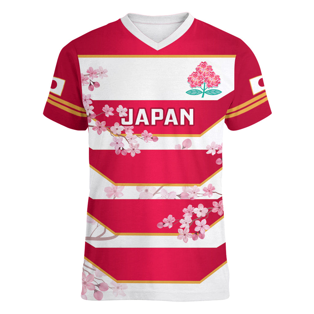 Japan Rugby Women V Neck T Shirt 2023 Go Cherry Blossoms World Cup - Wonder Print Shop