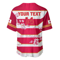 Red rugby baseball jersey back with YOUR TEXT and 14, cherry blossoms, striped design
