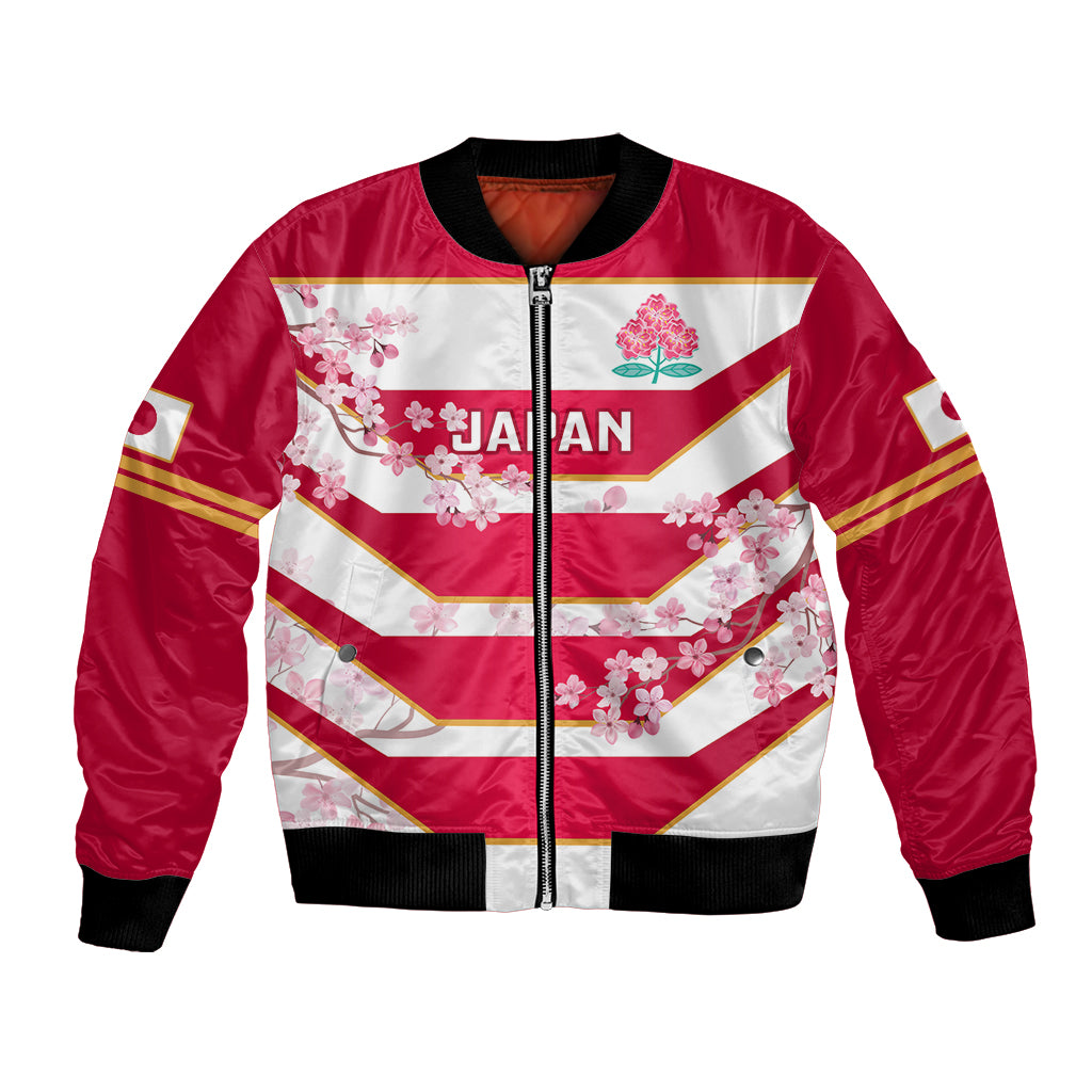 Red bomber jacket with white chevron stripes, cherry blossoms, front zipper, black trim