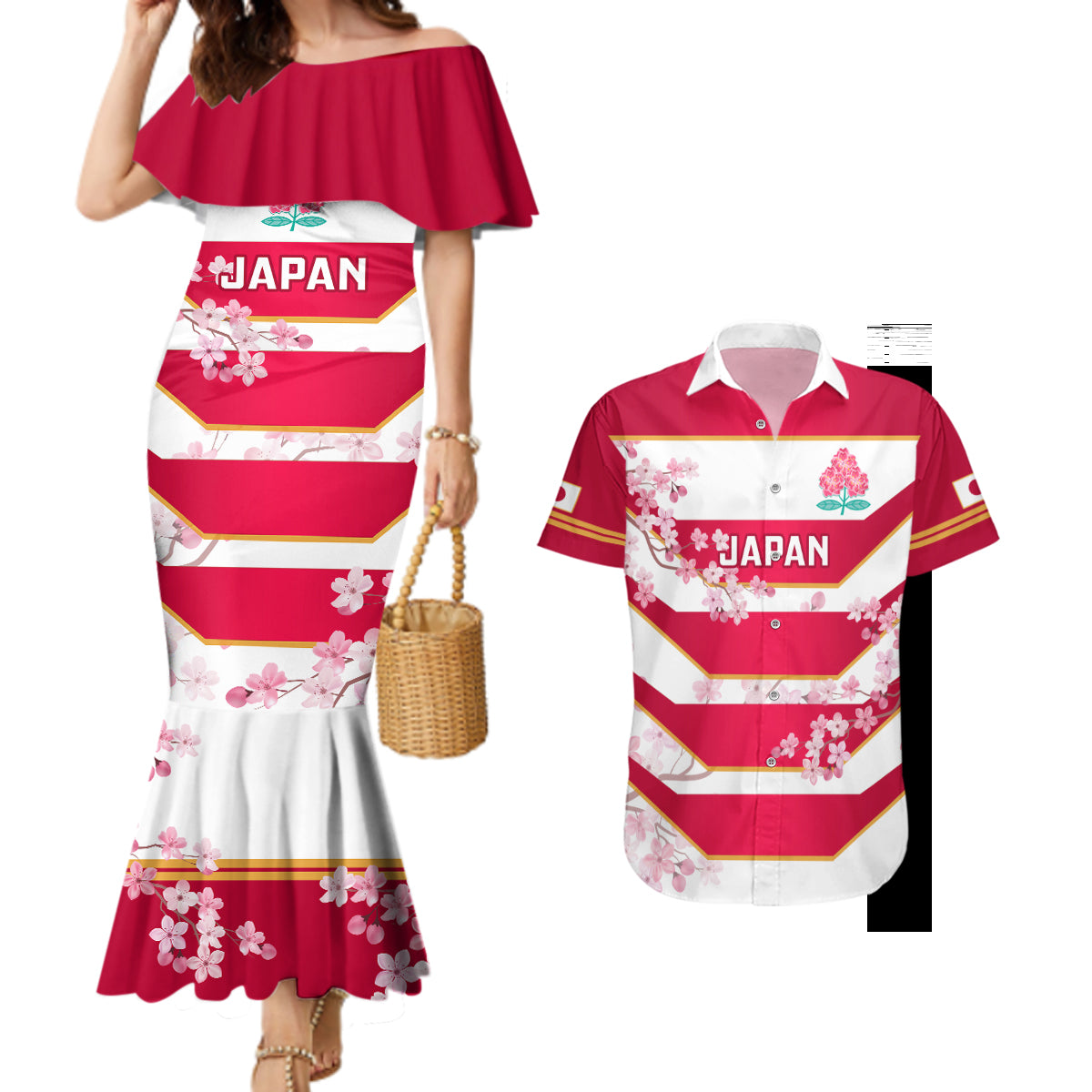 Custom Japan Rugby Couples Matching Mermaid Dress and Hawaiian Shirt 2023 Go Cherry Blossoms World Cup - Wonder Print Shop