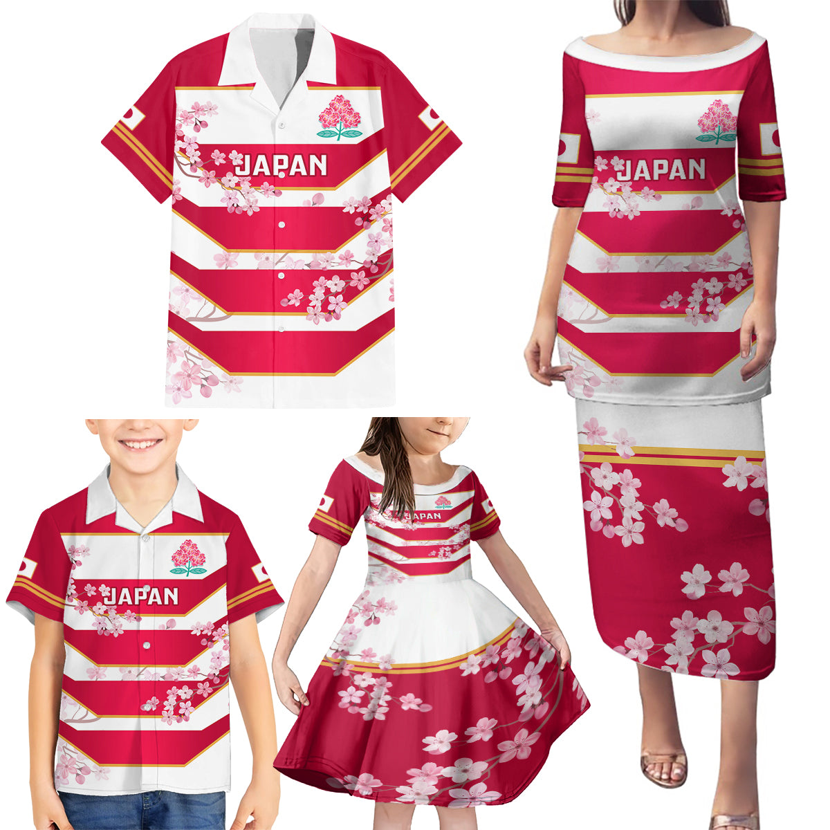 Custom Japan Rugby Family Matching Puletasi Dress and Hawaiian Shirt 2023 Go Cherry Blossoms World Cup - Wonder Print Shop