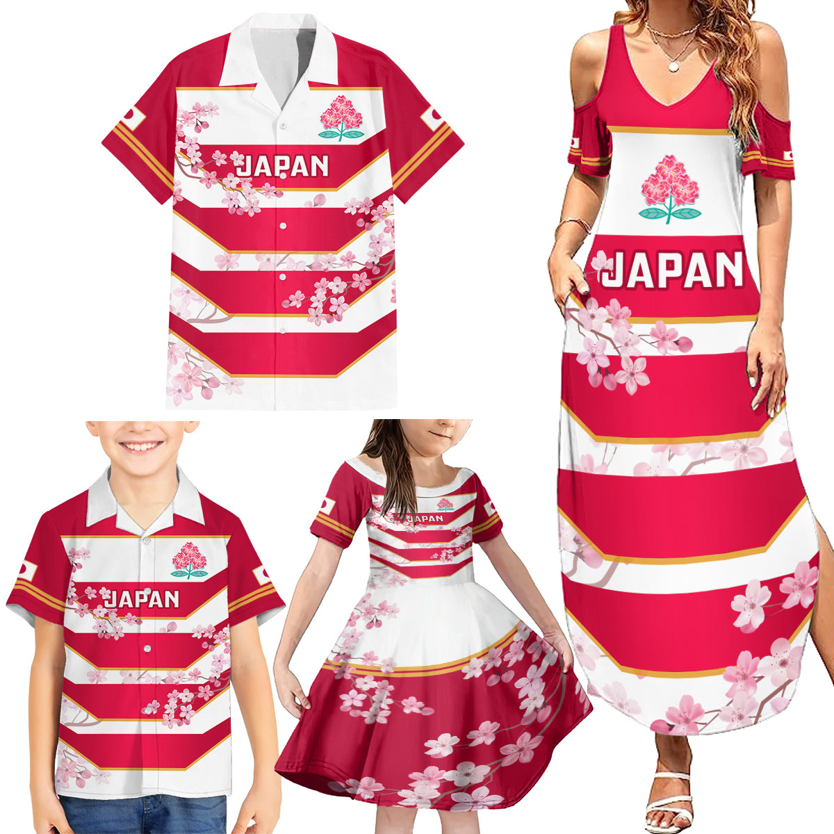 Custom Japan Rugby Family Matching Summer Maxi Dress and Hawaiian Shirt 2023 Go Cherry Blossoms World Cup - Wonder Print Shop