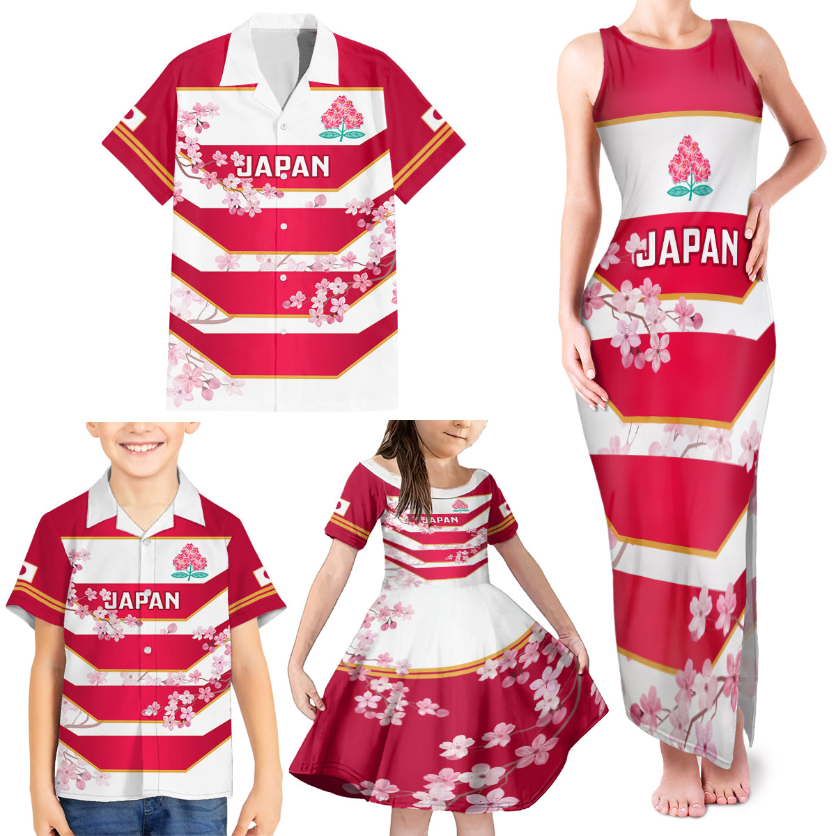 Custom Japan Rugby Family Matching Tank Maxi Dress and Hawaiian Shirt 2023 Go Cherry Blossoms World Cup - Wonder Print Shop