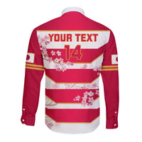 Red long-sleeve rugby button shirt, back shows Your Text and 14 over cherry blossom stripes