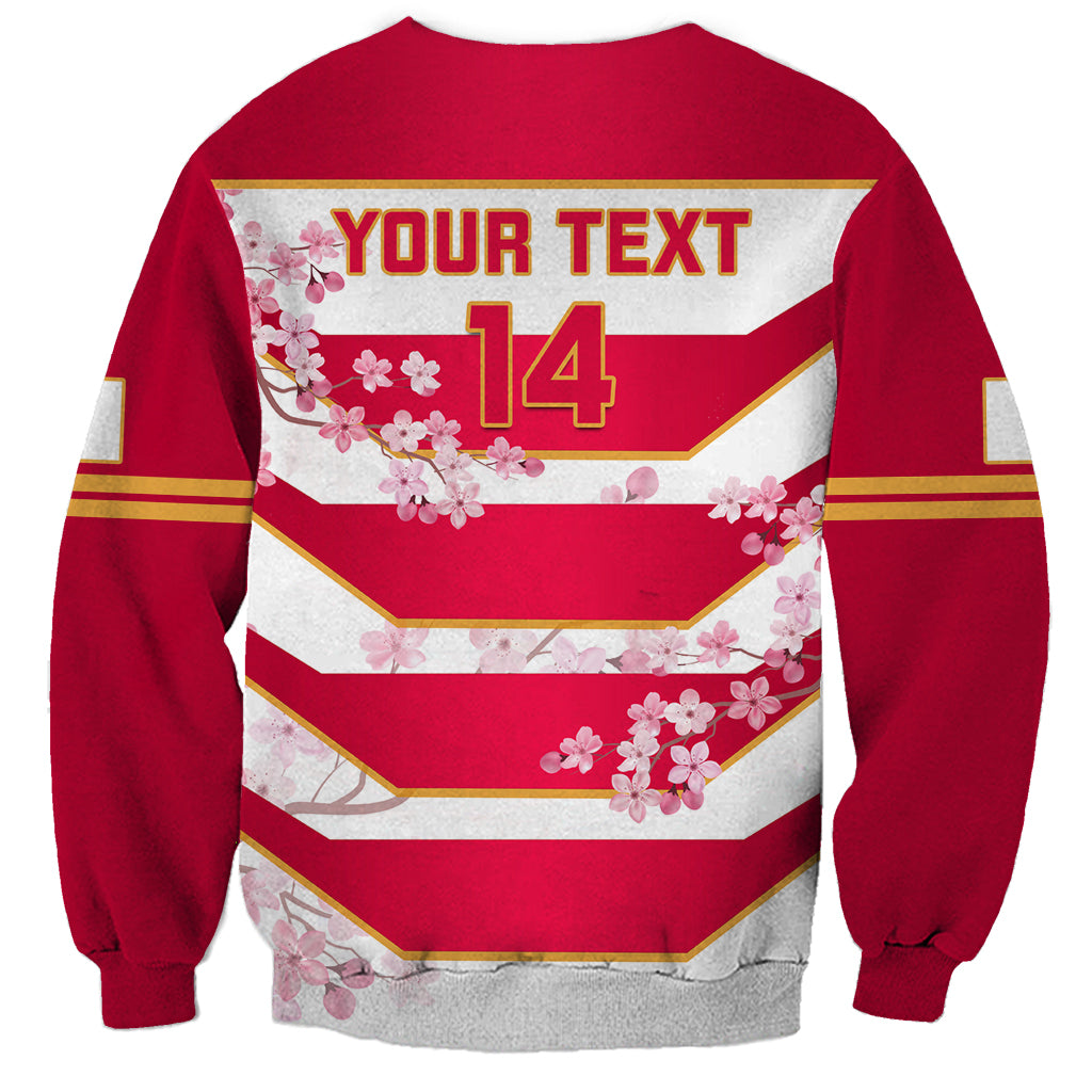 Red sweatshirt back with YOUR TEXT and 14, cherry blossom and striped panel