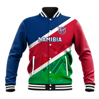 Flag baseball jacket in blue, red, green with ribbed collar and striped cuffs, button front