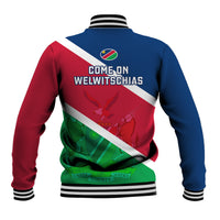 Back flag baseball jacket in blue, red, green with 'COME ON WELWITCHIAS' text