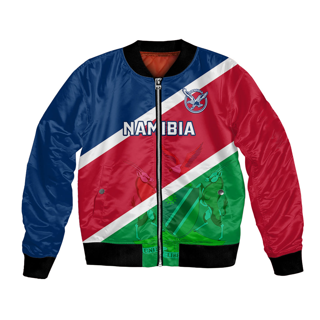 Unisex bomber jacket with Namibia flag print, full zip front, ribbed black cuffs