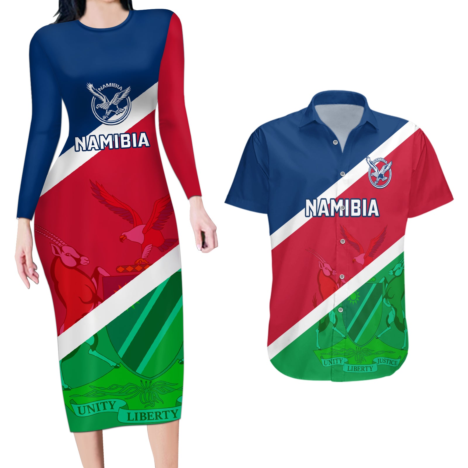 Namibia Rugby Couples Matching Long Sleeve Bodycon Dress and Hawaiian Shirt 2023 Welwitschias Flag Style - Wonder Print Shop