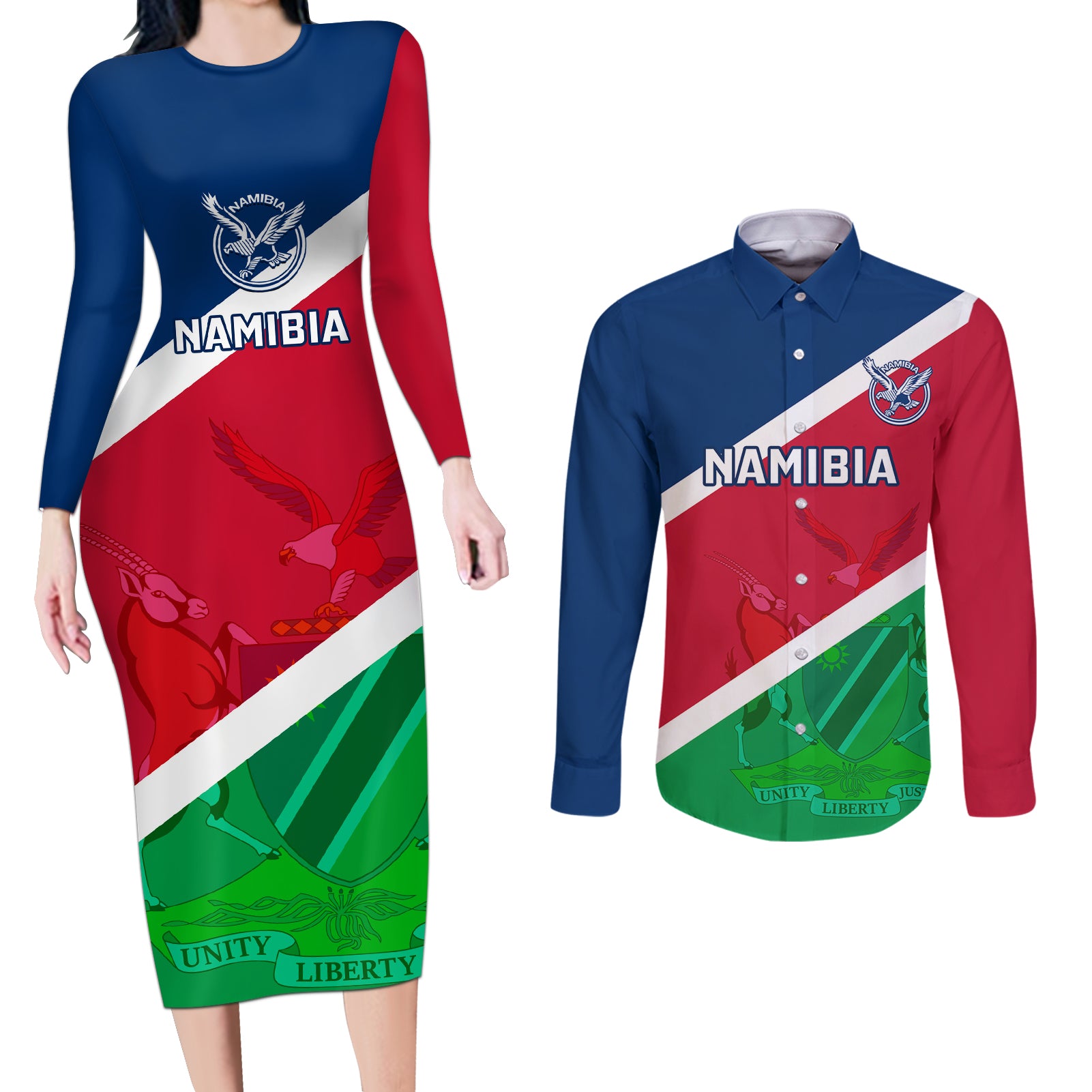 Namibia Rugby Couples Matching Long Sleeve Bodycon Dress and Long Sleeve Button Shirts 2023 Welwitschias Flag Style - Wonder Print Shop