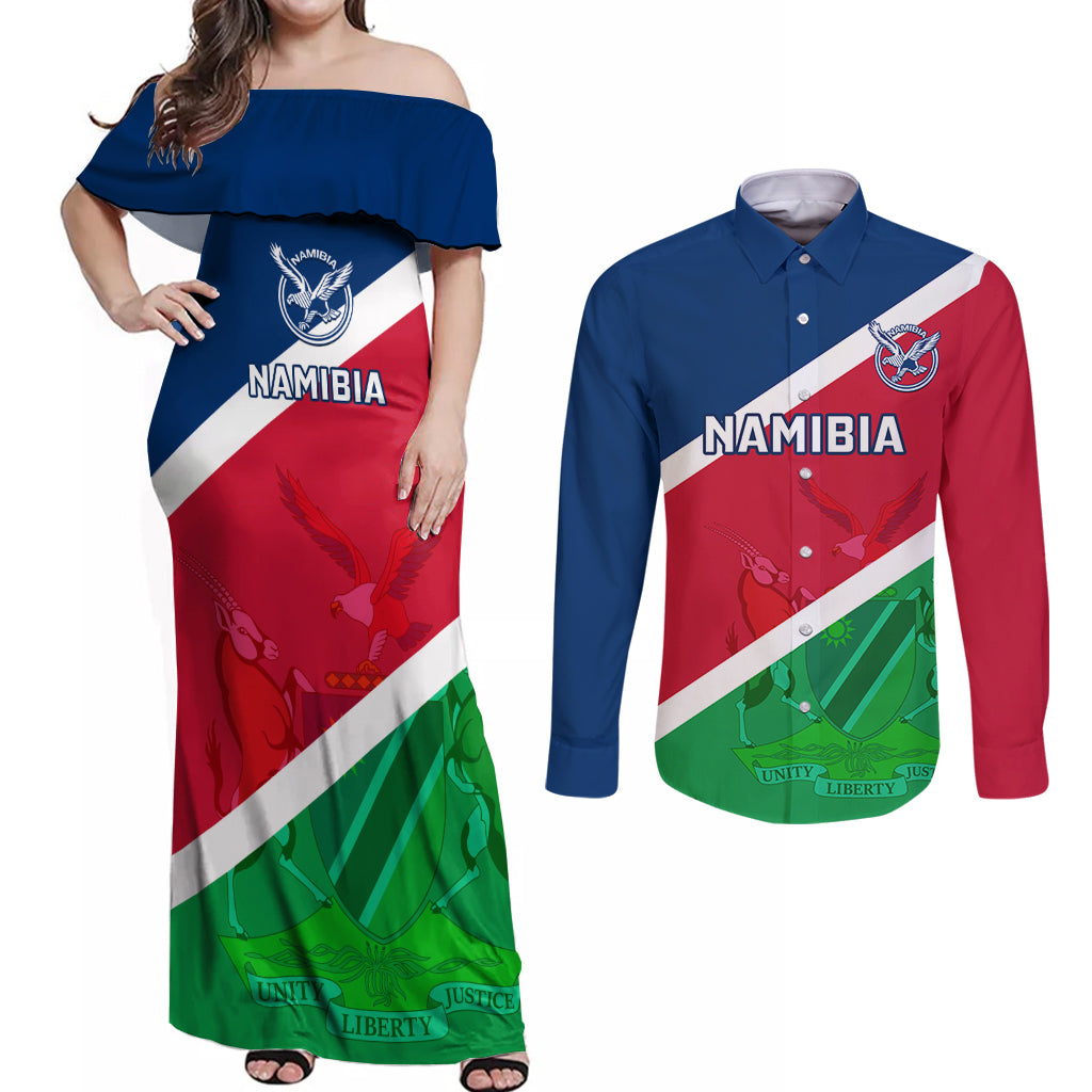 Namibia Rugby Couples Matching Off Shoulder Maxi Dress and Long Sleeve Button Shirts 2023 Welwitschias Flag Style - Wonder Print Shop