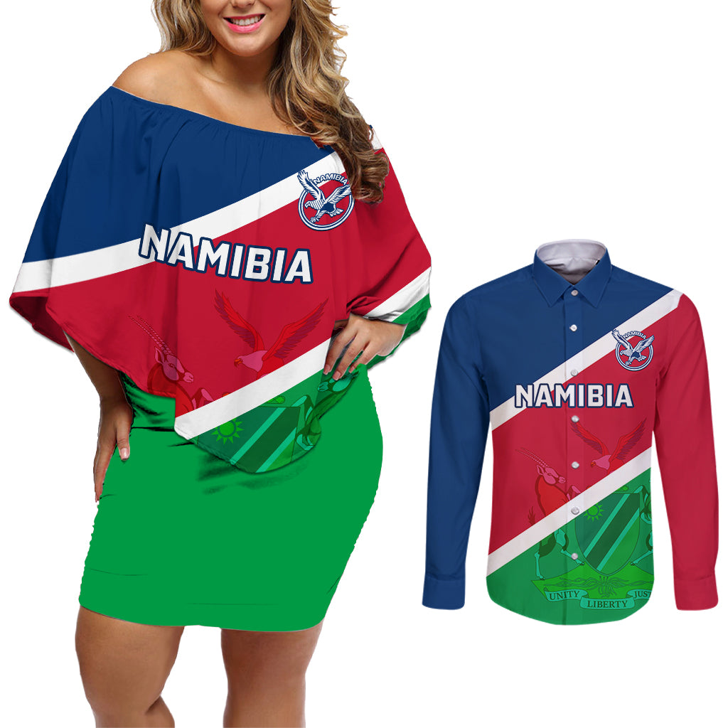 Namibia Rugby Couples Matching Off Shoulder Short Dress and Long Sleeve Button Shirts 2023 Welwitschias Flag Style - Wonder Print Shop